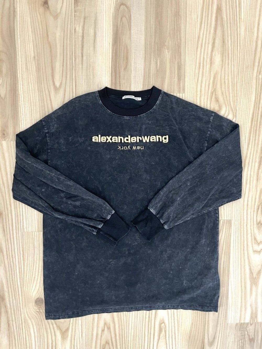 Alexander Wang Gold Printed Logo Tee Unisex Black Acid Wash Long Sleeve size XL